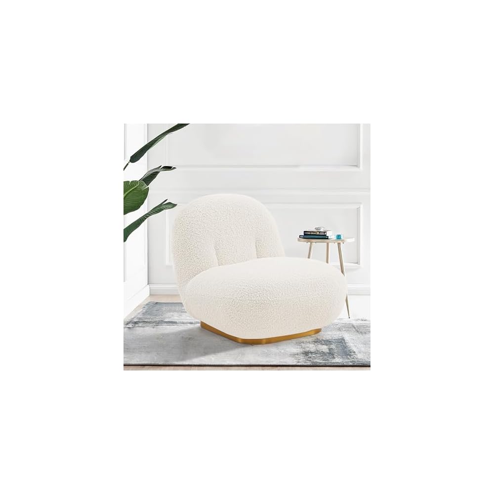 Manhattan Comfort Edina Modern Accent Chairs in Luxurious Boucle Upholstery with High Density Foam Padding & Wood Frame with Gold Metal Base, Living Room Seating, Set of 2, White