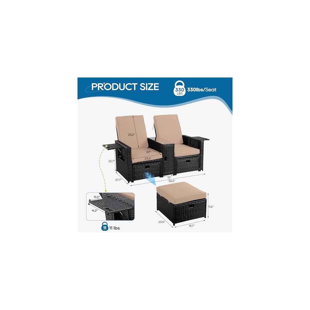 5PCS Outdoor Wicker Chaise Lounge Chair - Rattan Adjustable Reclining Patio Lounge Chair with Ottoman and Coffee Table, for Patio Beach Pool Backyard (Black Wicker Khaki Cushion)