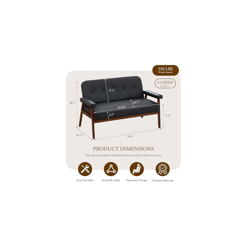 50”W Black Leather Small Office Couch, Loveseat Sofa with Wooden Arms