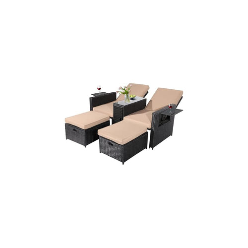 5PCS Outdoor Wicker Chaise Lounge Chair - Rattan Adjustable Reclining Patio Lounge Chair with Ottoman and Coffee Table, for Patio Beach Pool Backyard (Black Wicker Khaki Cushion)