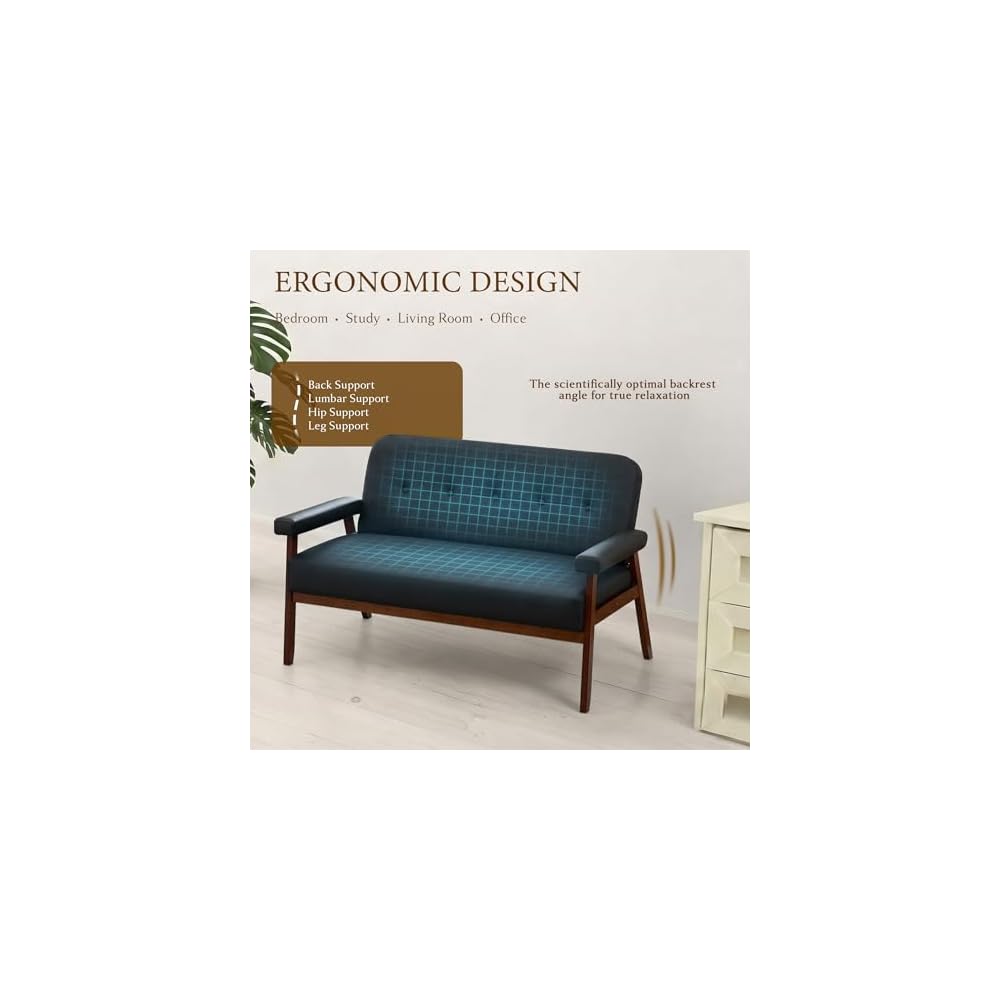 50”W Black Leather Small Office Couch, Loveseat Sofa with Wooden Arms