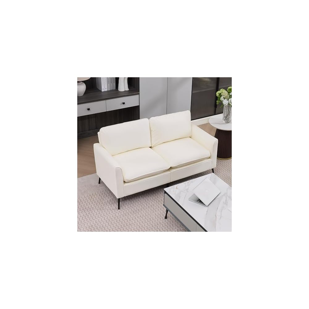 KEIKI Faux Leather Loveseat, Mid Century Modern Comfy Sofa Couch, Mini Deep Seat 2-Seater Settee Loveseat Couches for Office Living Room Bedroom Apartment Dorm Small Space, Cream White