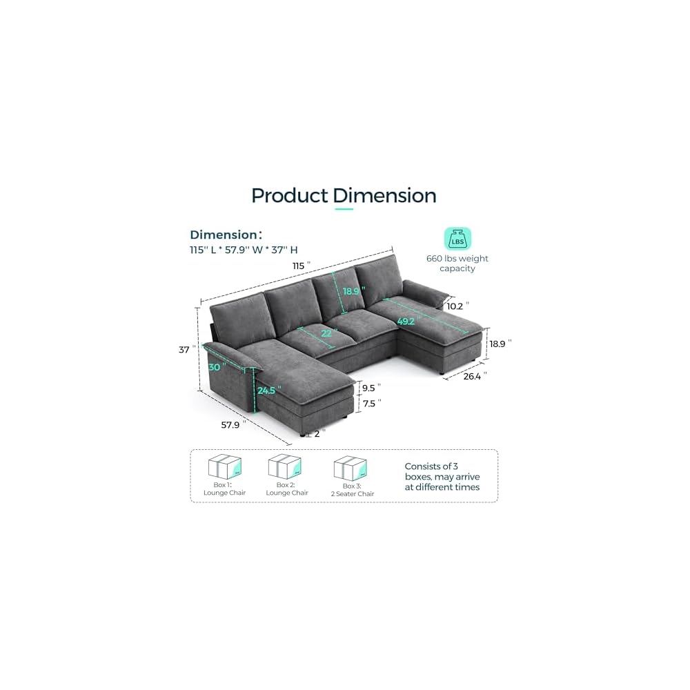 LINSY HOME U Shaped Couch Sectional Sofa, 115" Modular Couches with Double Chaise Lounge, Chenille 4 Seater Sofa Set for Living Room, Apartment, Office, Grey
