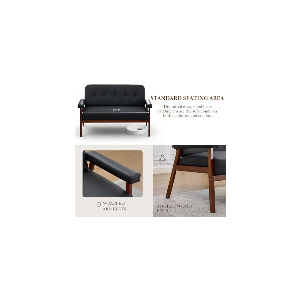 50”W Black Leather Small Office Couch, Loveseat Sofa with Wooden Arms