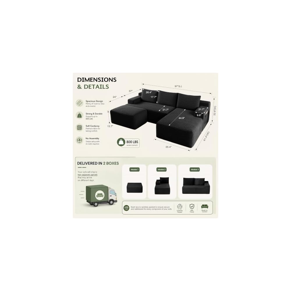 Boneless Couch Comfy Sectional Couches for Living Room,U Shaped Modular Cloud Couch Sofa, Minimalist Modular Sectional Sofa with Deep Seat