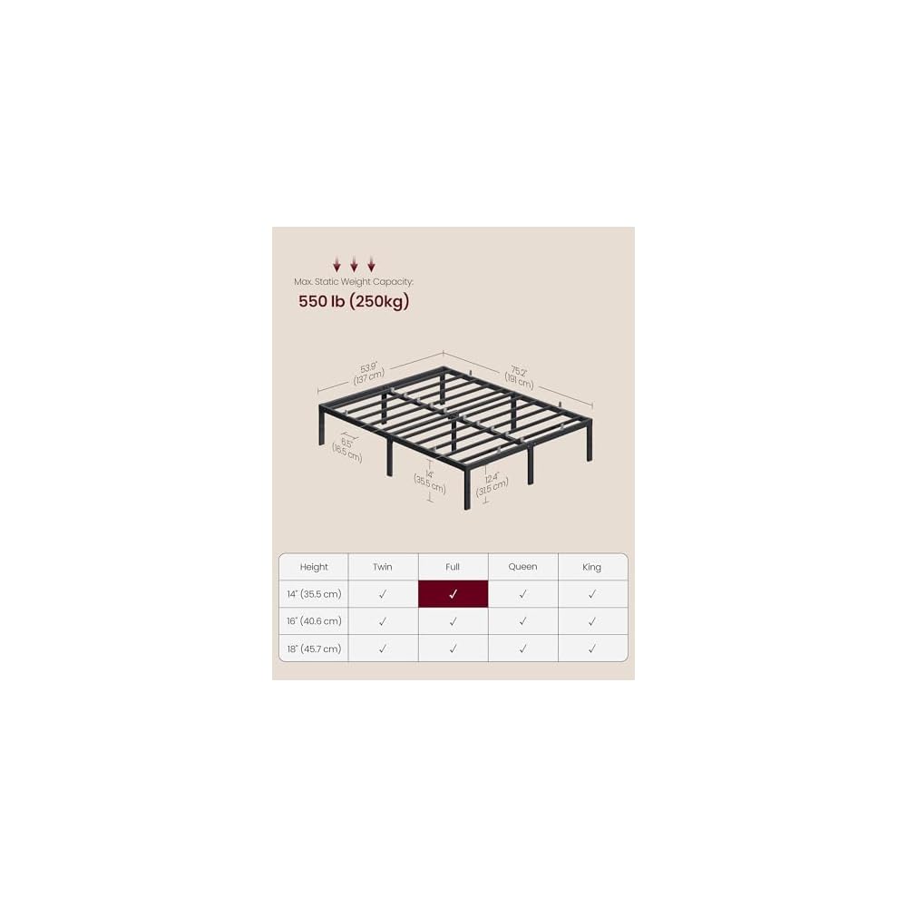 VASAGLE Full Metal Bed Frame, 14 Inches Tall, 1100 lb Weight Capacity