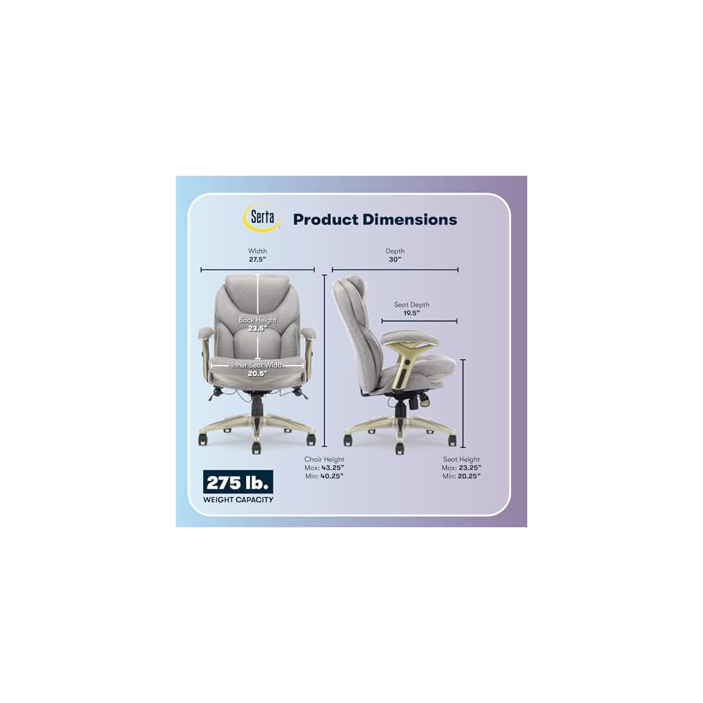 Serta Ergonomic Executive Office Chair Motion Technology Adjustable Mid Back Design with Lumbar Support, Light Gray Fabric