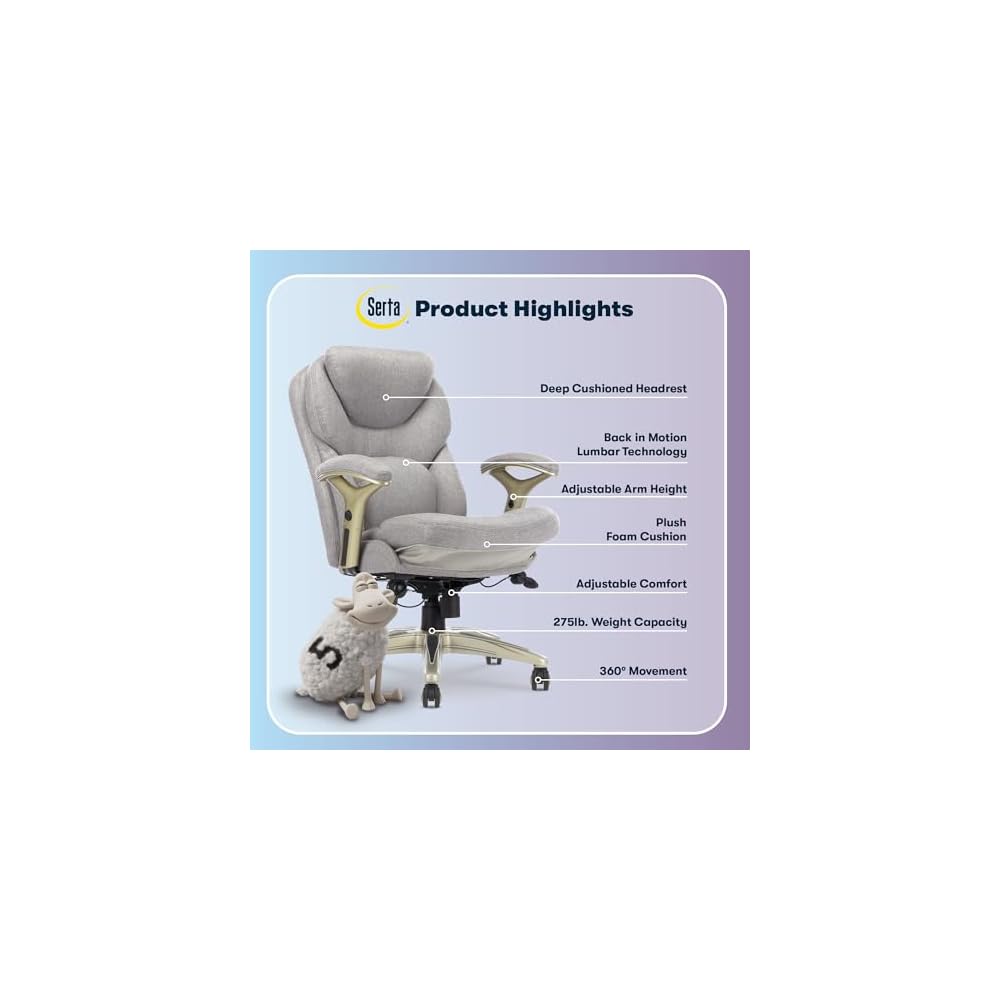 Serta Ergonomic Executive Office Chair Motion Technology Adjustable Mid Back Design with Lumbar Support, Light Gray Fabric