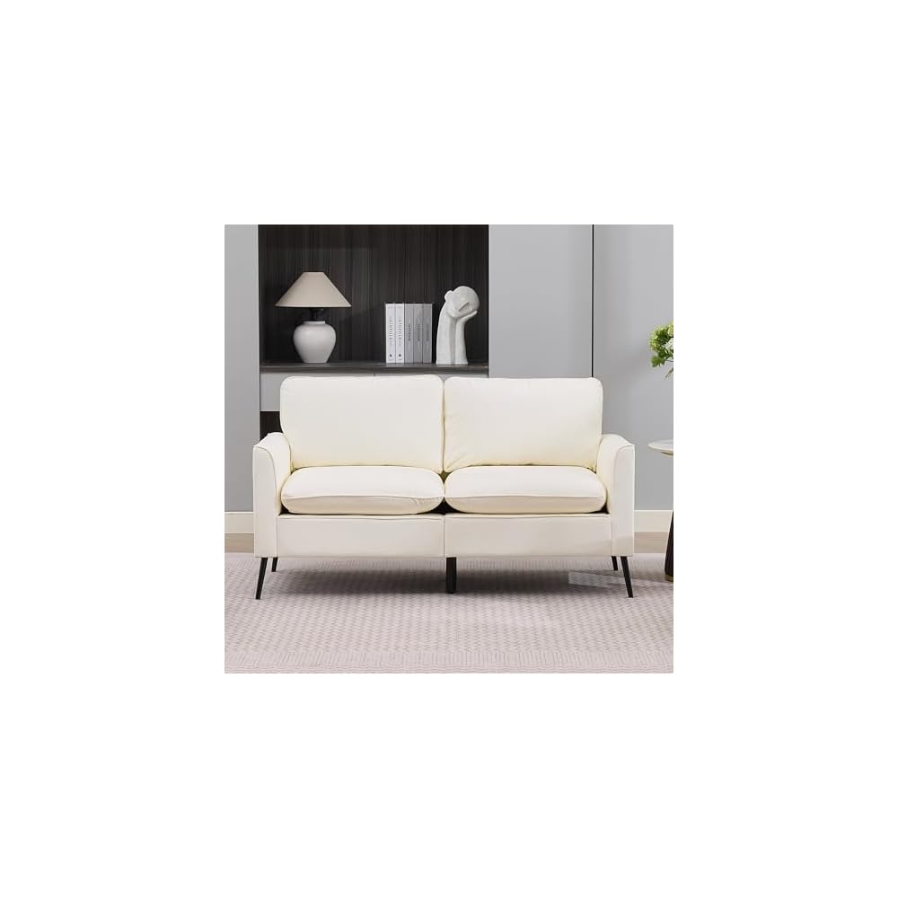 KEIKI Faux Leather Loveseat, Mid Century Modern Comfy Sofa Couch, Mini Deep Seat 2-Seater Settee Loveseat Couches for Office Living Room Bedroom Apartment Dorm Small Space, Cream White