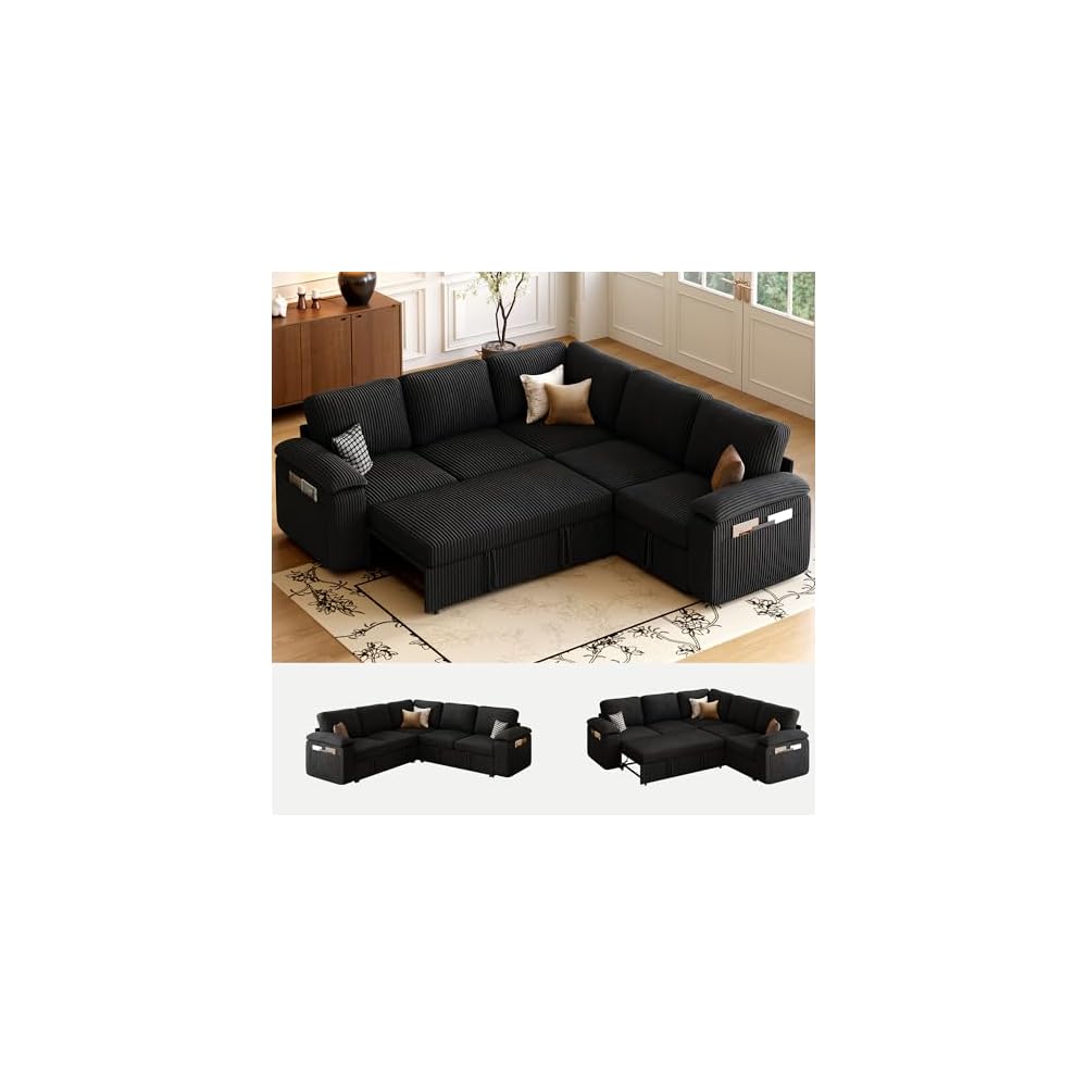 LARMACE Modular Sectional Sleeper Sofa with Pull-Out Bed, Corduroy L Shaped Sectional Couch 5 Seater Sofa with Storage, Convertible Sleeper Sofa Bed for Living Room, Black
