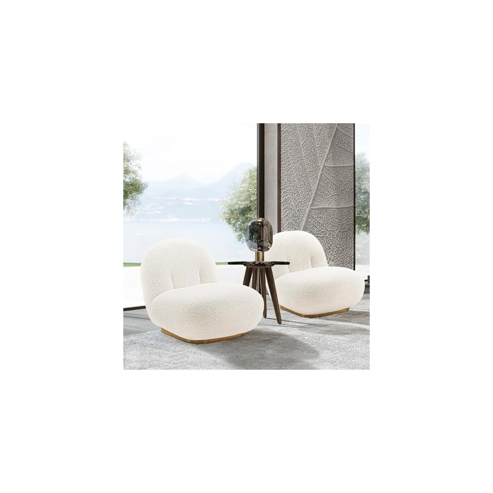 Manhattan Comfort Edina Modern Accent Chairs in Luxurious Boucle Upholstery with High Density Foam Padding & Wood Frame with Gold Metal Base, Living Room Seating, Set of 2, White