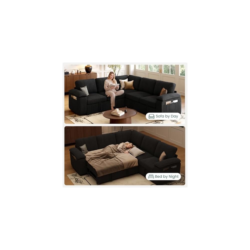 LARMACE Modular Sectional Sleeper Sofa with Pull-Out Bed, Corduroy L Shaped Sectional Couch 5 Seater Sofa with Storage, Convertible Sleeper Sofa Bed for Living Room, Black