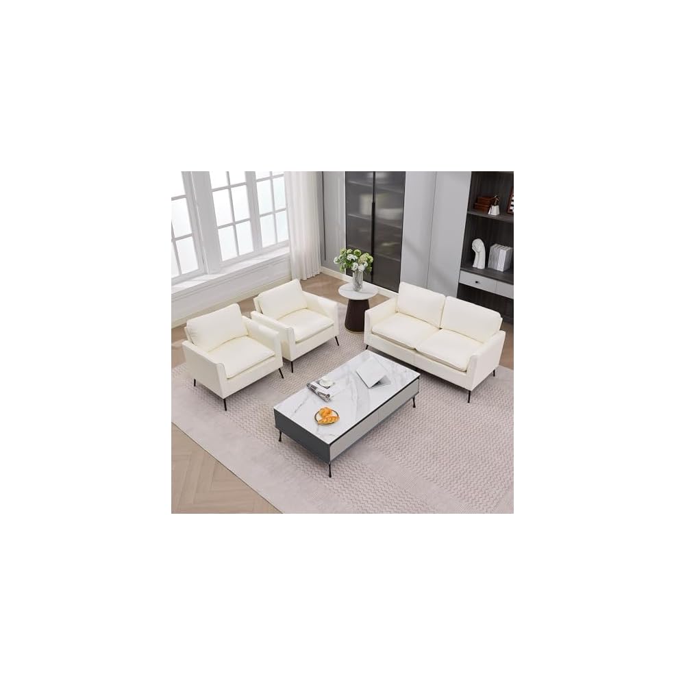 KEIKI Faux Leather Loveseat, Mid Century Modern Comfy Sofa Couch, Mini Deep Seat 2-Seater Settee Loveseat Couches for Office Living Room Bedroom Apartment Dorm Small Space, Cream White