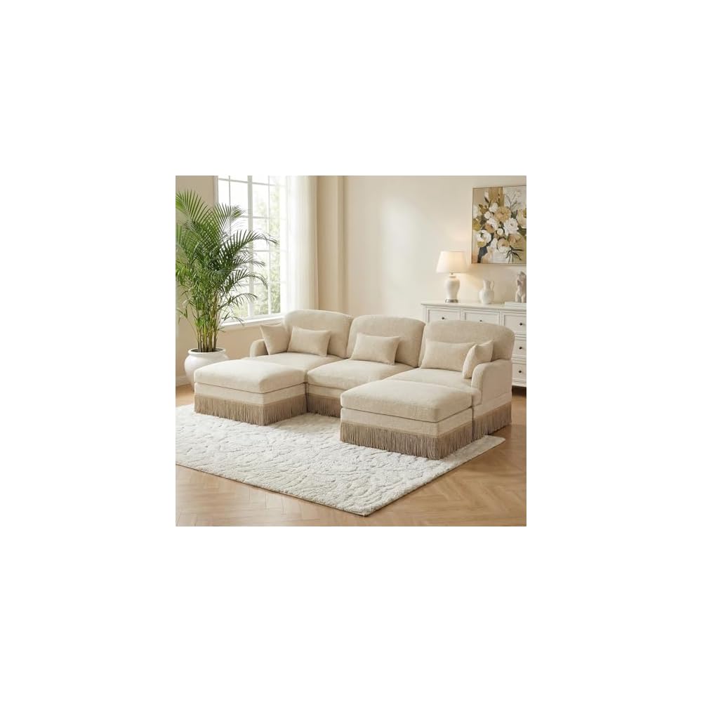 Convertible Modular Sectional Couch w/ 2 Ottomans,Leopard Print 3-Seat U-Shaped Cloud High-Resilience Foam with Pillows,Tassel Fringe Skirt,Easy Assembly for Living Room,Apartment(Beige-Kh 100.3")
