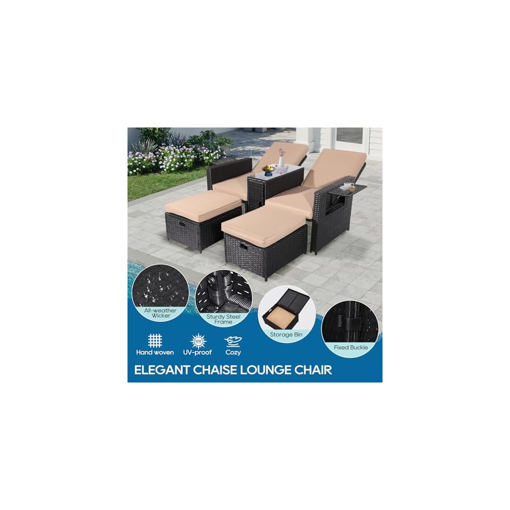 5PCS Outdoor Wicker Chaise Lounge Chair - Rattan Adjustable Reclining Patio Lounge Chair with Ottoman and Coffee Table, for Patio Beach Pool Backyard (Black Wicker Khaki Cushion)