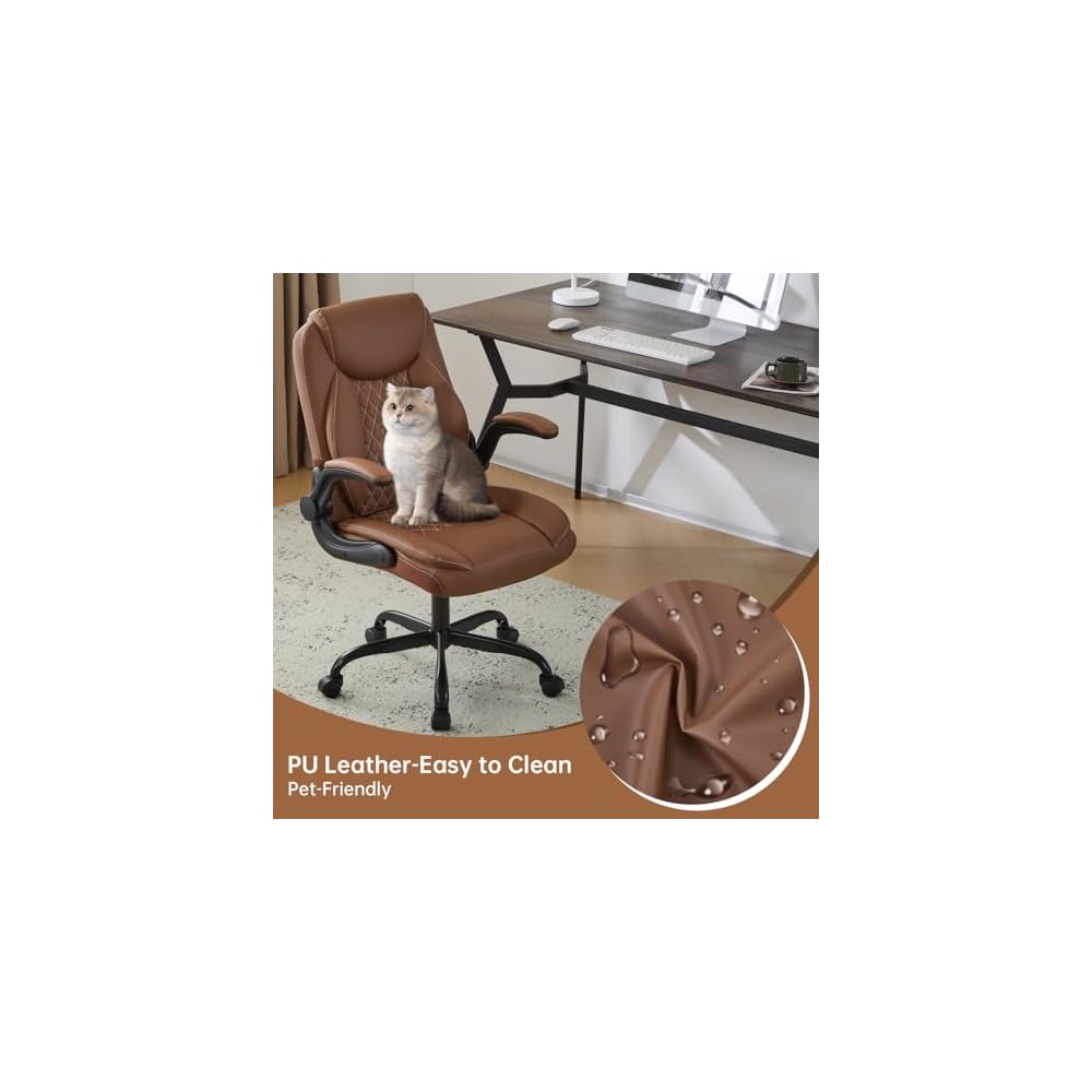 Modern Ergonomic Office Chair with Lumbar Support – Reversible Armrests & Pocket Spring Seat Cushion – Adjustable Height Swivel Task Chair for Office, Home, Gaming (Brown)
