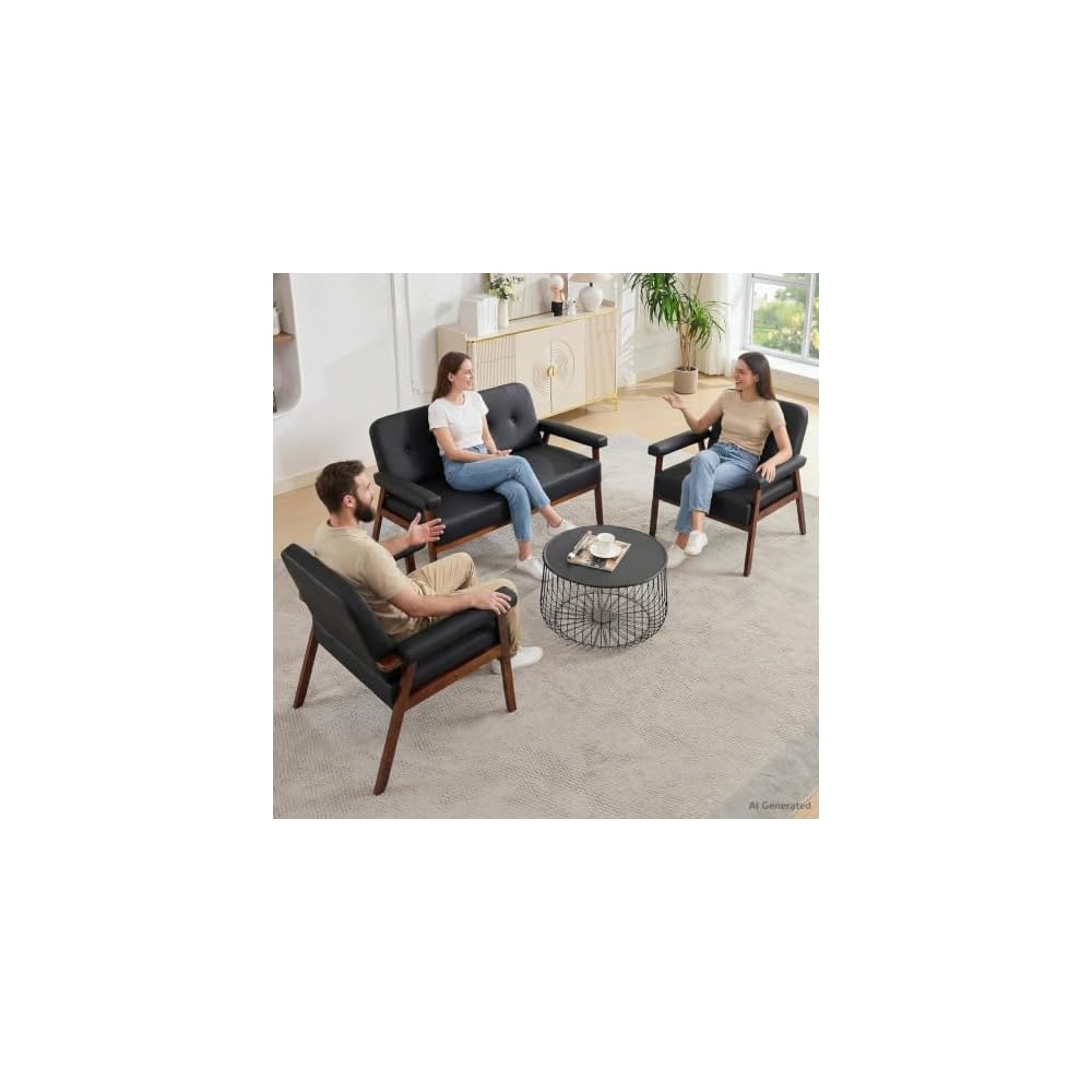 50”W Black Leather Small Office Couch, Loveseat Sofa with Wooden Arms
