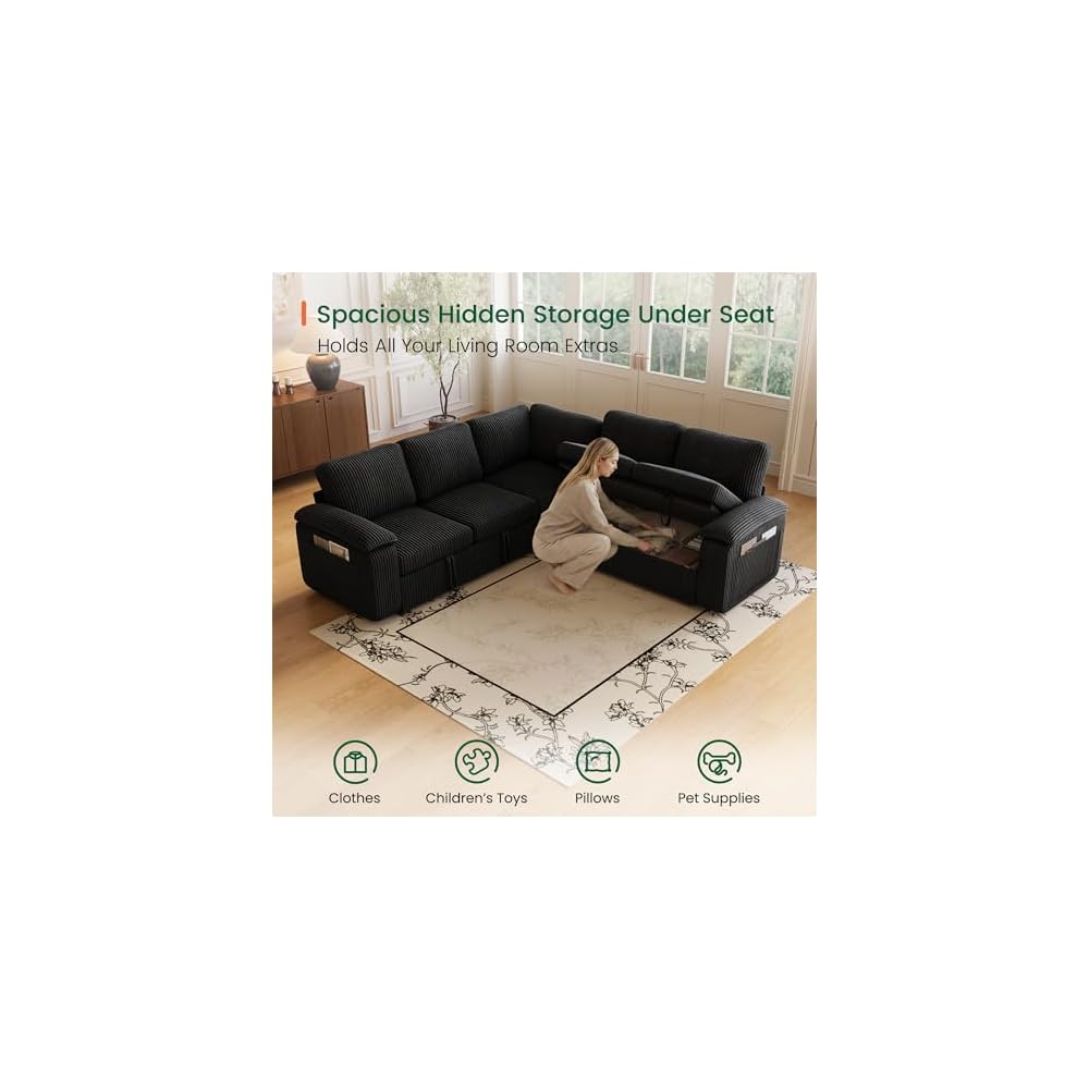 LARMACE Modular Sectional Sleeper Sofa with Pull-Out Bed, Corduroy L Shaped Sectional Couch 5 Seater Sofa with Storage, Convertible Sleeper Sofa Bed for Living Room, Black