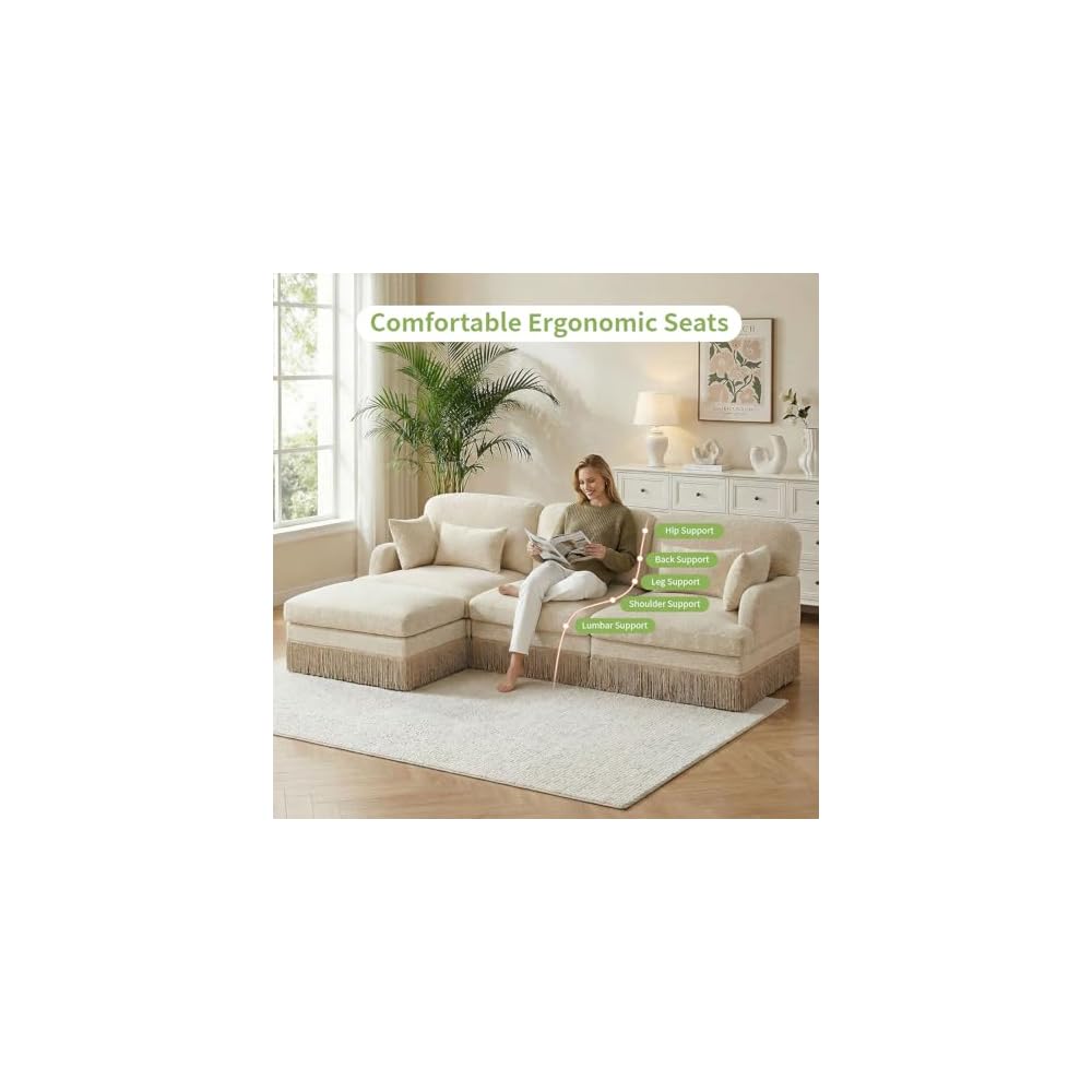 Convertible Modular Sectional Couch w/ 2 Ottomans,Leopard Print 3-Seat U-Shaped Cloud High-Resilience Foam with Pillows,Tassel Fringe Skirt,Easy Assembly for Living Room,Apartment(Beige-Kh 100.3")