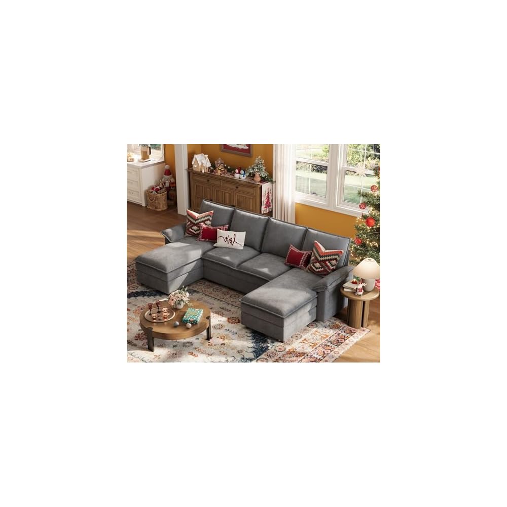 LINSY HOME U Shaped Couch Sectional Sofa, 115" Modular Couches with Double Chaise Lounge, Chenille 4 Seater Sofa Set for Living Room, Apartment, Office, Grey