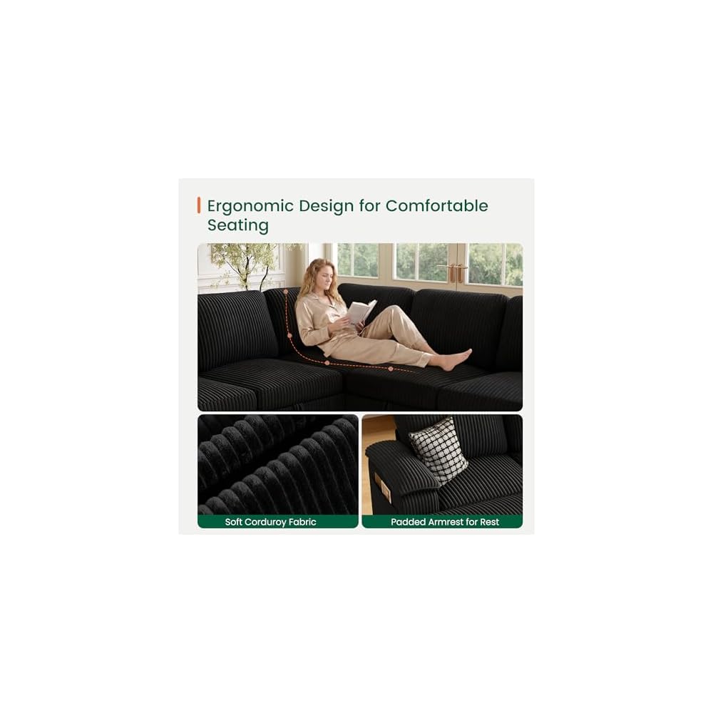 LARMACE Modular Sectional Sleeper Sofa with Pull-Out Bed, Corduroy L Shaped Sectional Couch 5 Seater Sofa with Storage, Convertible Sleeper Sofa Bed for Living Room, Black