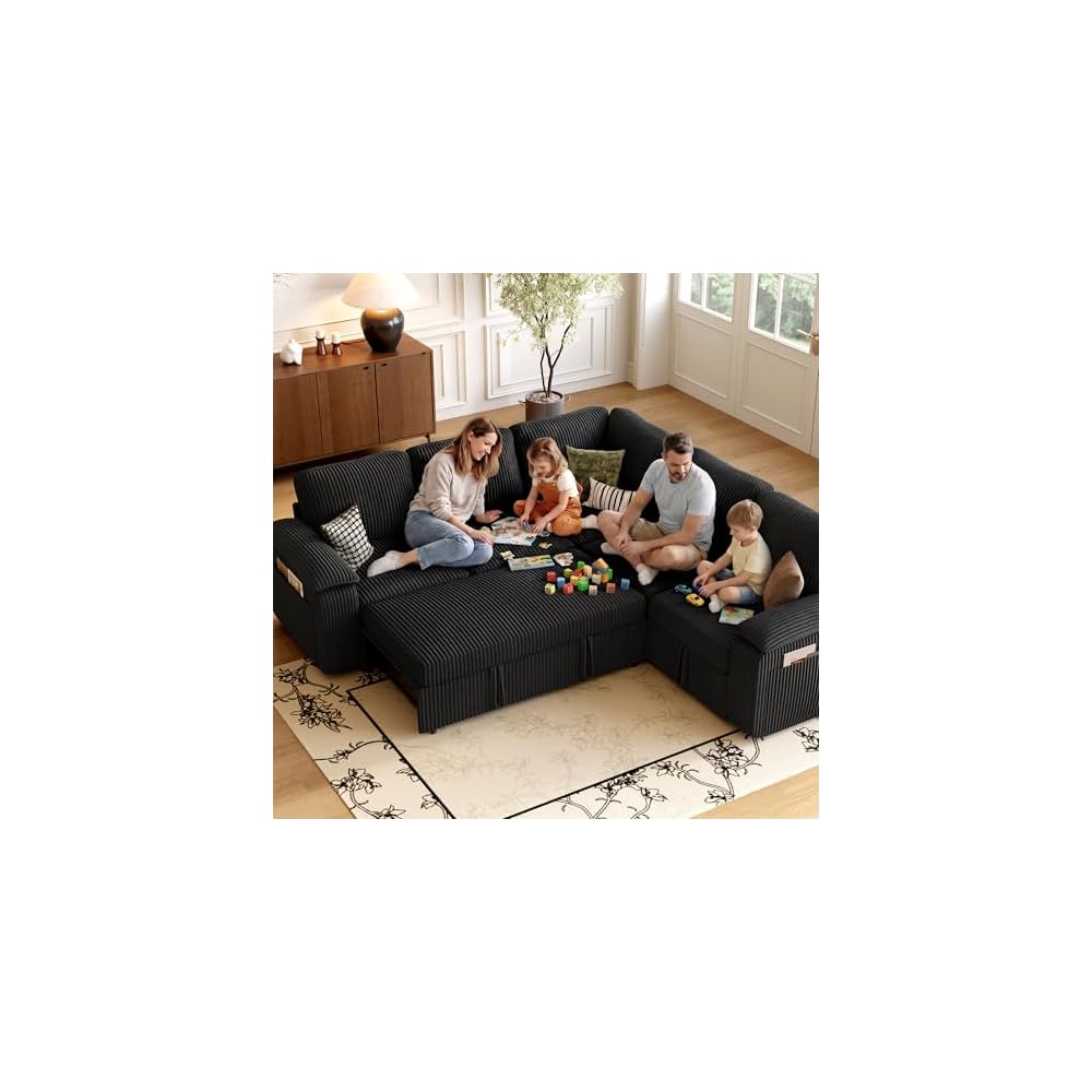 LARMACE Modular Sectional Sleeper Sofa with Pull-Out Bed, Corduroy L Shaped Sectional Couch 5 Seater Sofa with Storage, Convertible Sleeper Sofa Bed for Living Room, Black