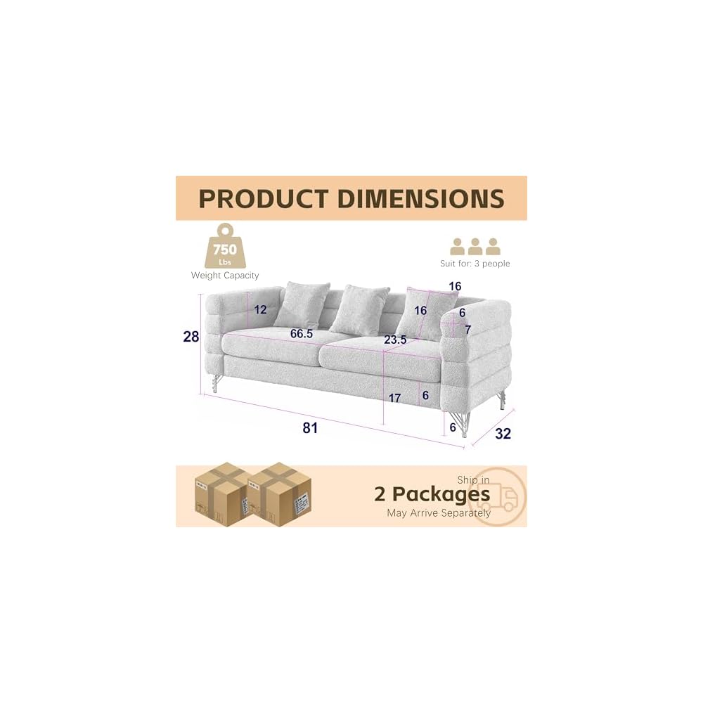 81” Oversized Sofa, 3-Seater Sofa with 3 Pillows, Comfy Upholstered Deep Seating Sofa, Cloud Couch for Living Room/Bedroom/Office (White, 3 Seat)