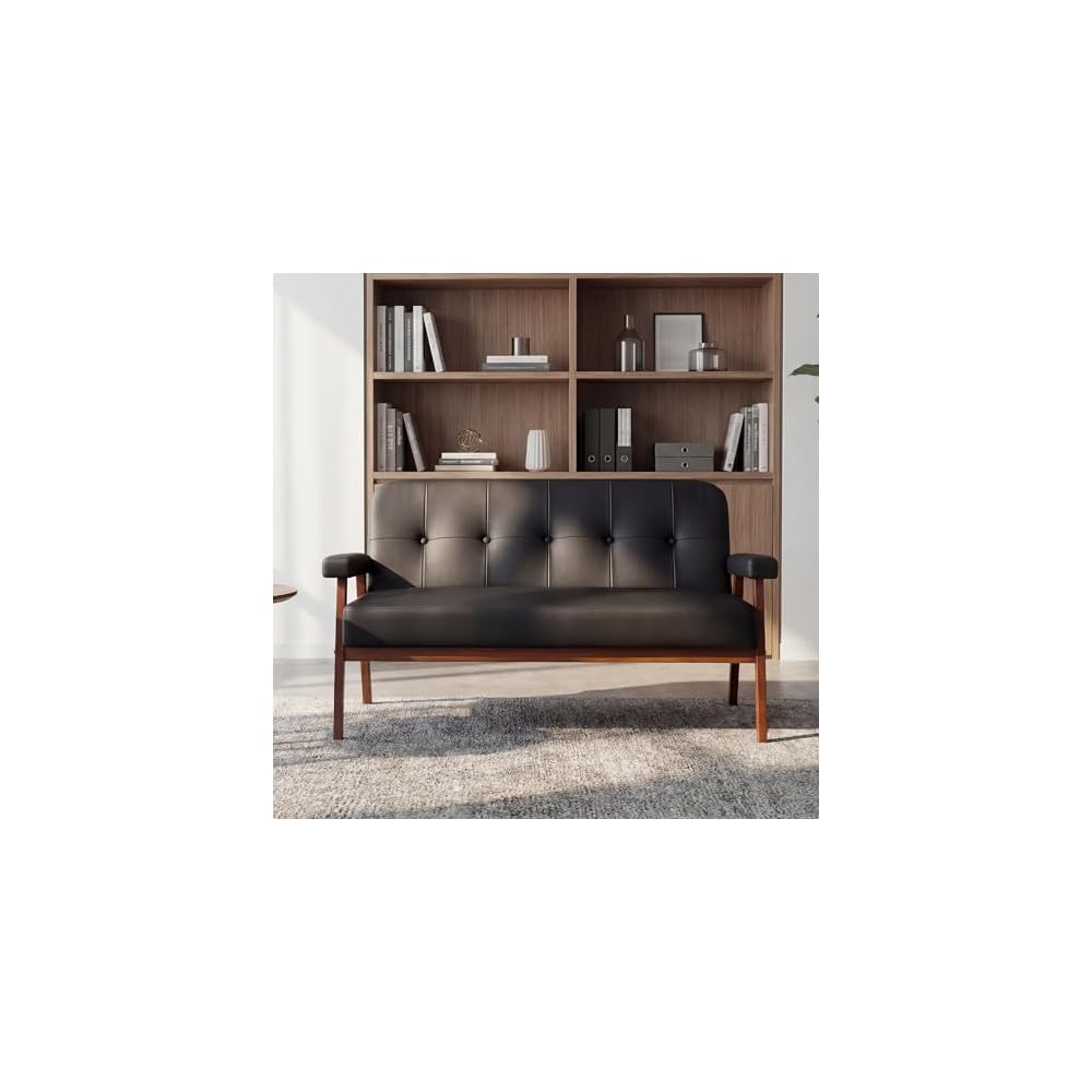 50”W Black Leather Small Office Couch, Loveseat Sofa with Wooden Arms