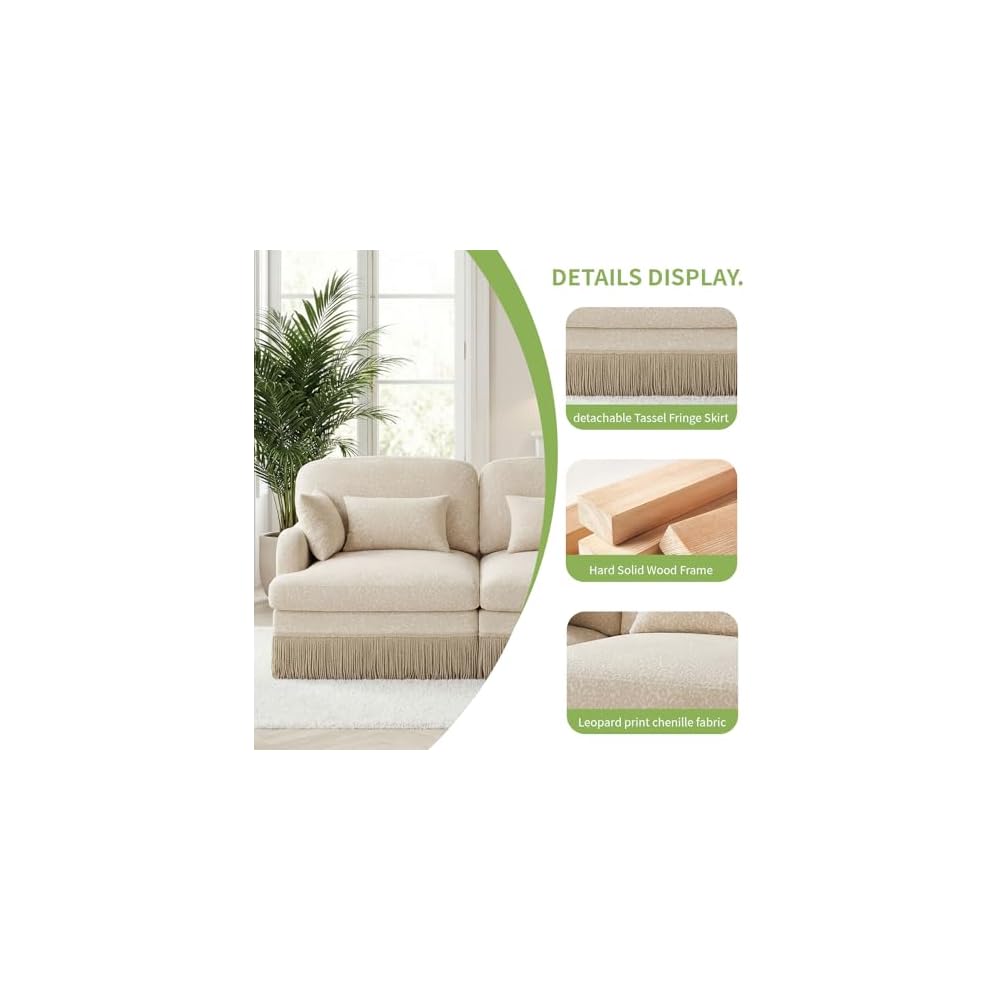 Convertible Modular Sectional Couch w/ 2 Ottomans,Leopard Print 3-Seat U-Shaped Cloud High-Resilience Foam with Pillows,Tassel Fringe Skirt,Easy Assembly for Living Room,Apartment(Beige-Kh 100.3")