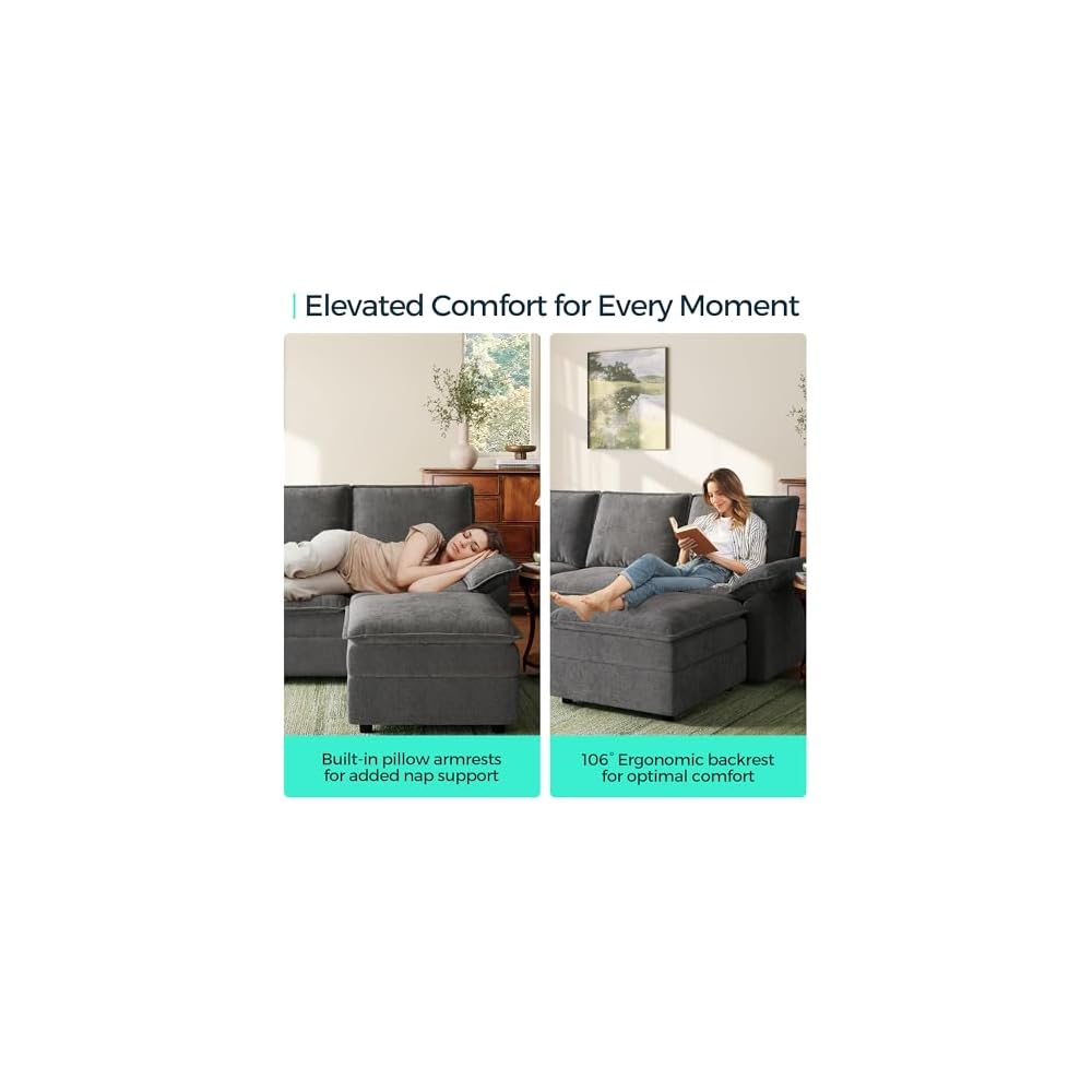 LINSY HOME U Shaped Couch Sectional Sofa, 115" Modular Couches with Double Chaise Lounge, Chenille 4 Seater Sofa Set for Living Room, Apartment, Office, Grey