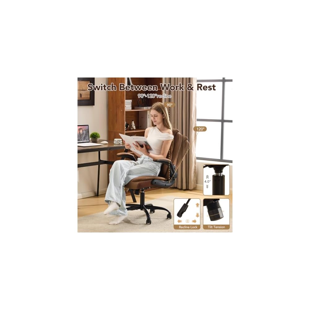 Modern Ergonomic Office Chair with Lumbar Support – Reversible Armrests & Pocket Spring Seat Cushion – Adjustable Height Swivel Task Chair for Office, Home, Gaming (Brown)