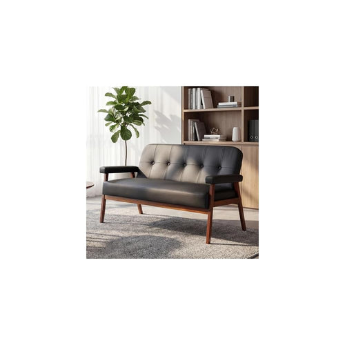 50”W Black Leather Small Office Couch, Loveseat Sofa with Wooden Arms