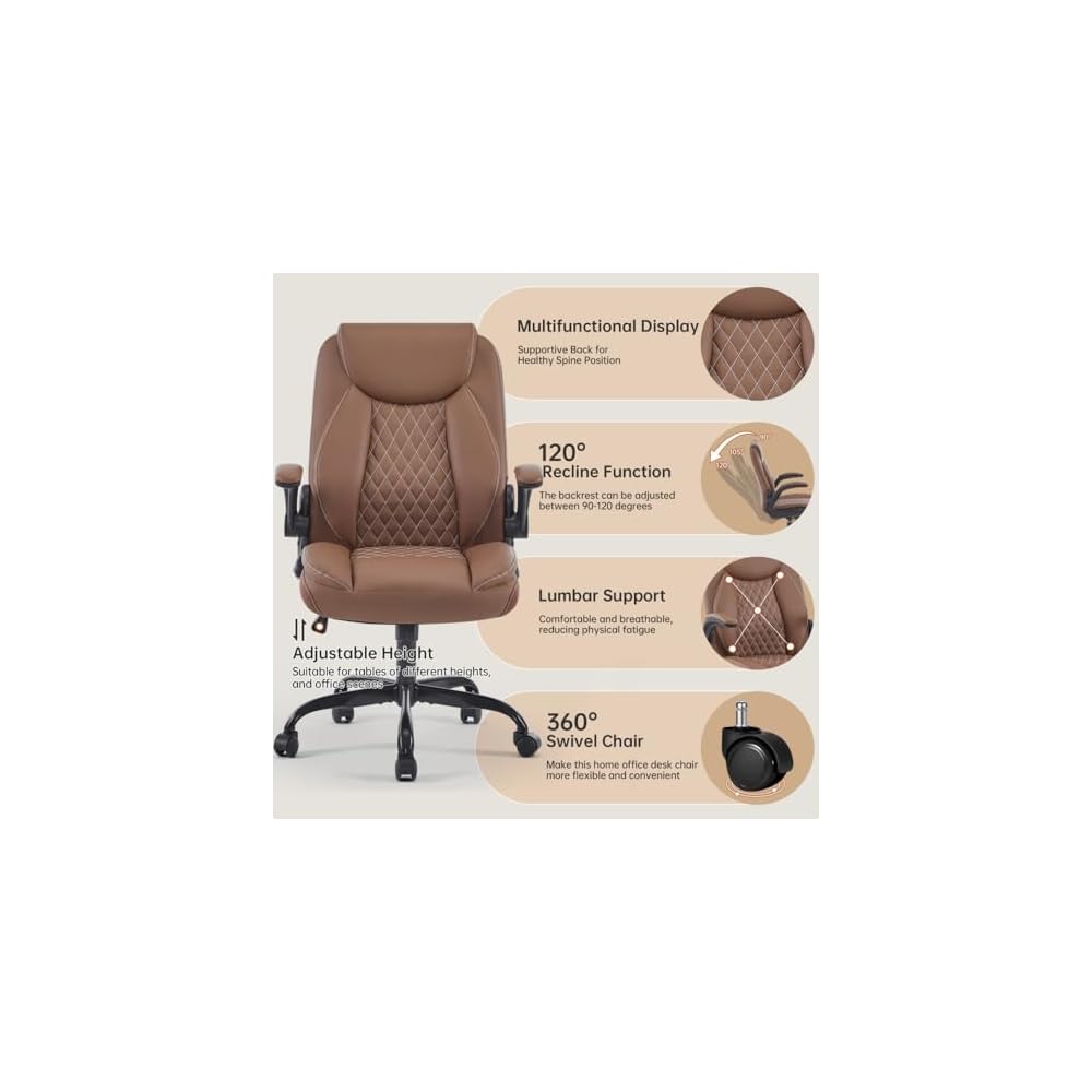 Modern Ergonomic Office Chair with Lumbar Support – Reversible Armrests & Pocket Spring Seat Cushion – Adjustable Height Swivel Task Chair for Office, Home, Gaming (Brown)
