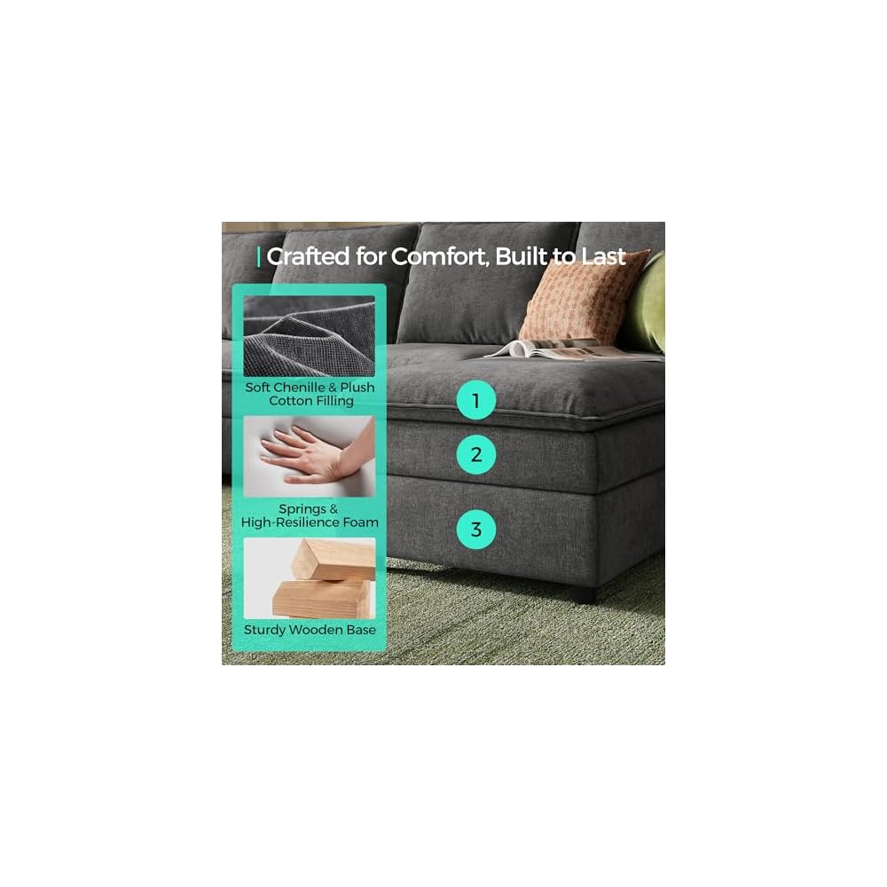 LINSY HOME U Shaped Couch Sectional Sofa, 115" Modular Couches with Double Chaise Lounge, Chenille 4 Seater Sofa Set for Living Room, Apartment, Office, Grey