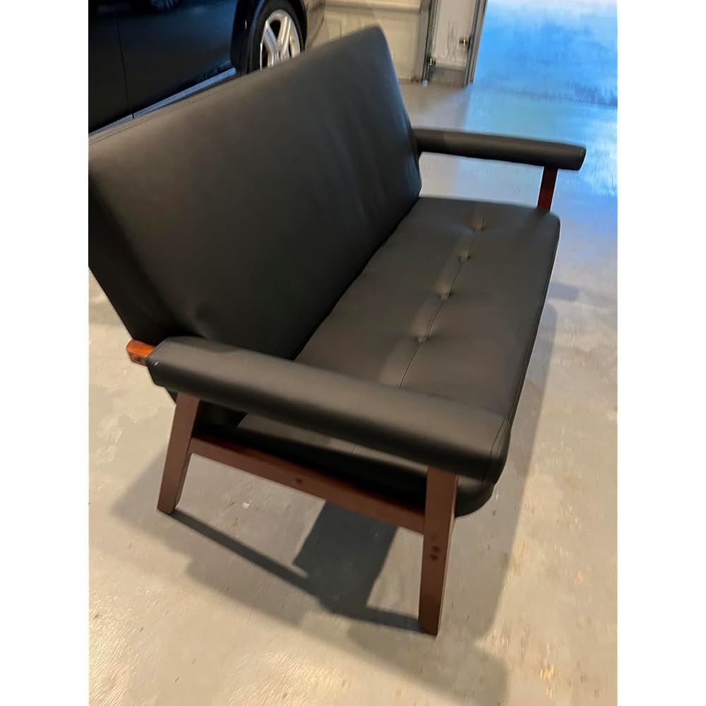 50”W Black Leather Small Office Couch, Loveseat Sofa with Wooden Arms