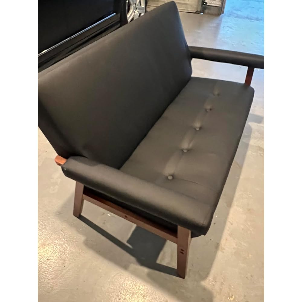 50”W Black Leather Small Office Couch, Loveseat Sofa with Wooden Arms