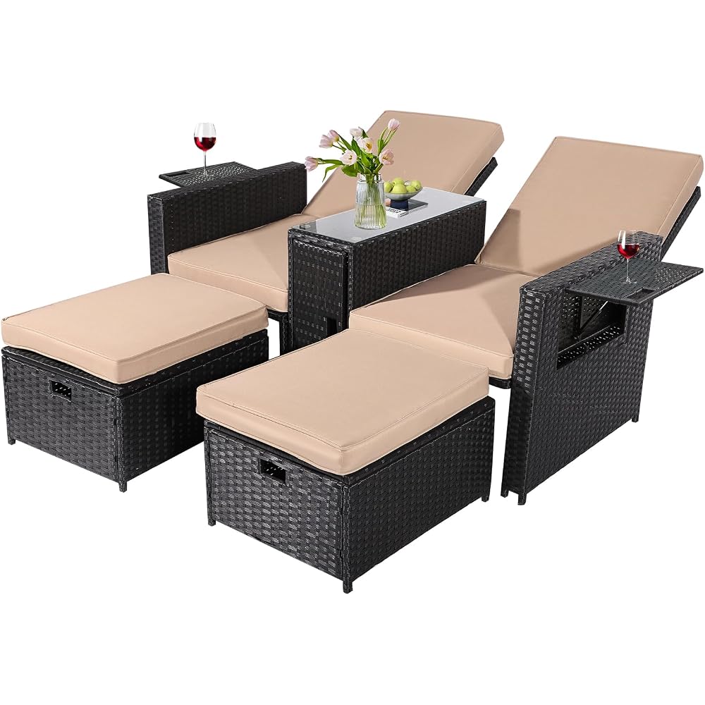 5PCS Outdoor Wicker Chaise Lounge Chair - Rattan Adjustable Reclining Patio Lounge Chair with Ottoman and Coffee Table, for Patio Beach Pool Backyard (Black Wicker Khaki Cushion)
