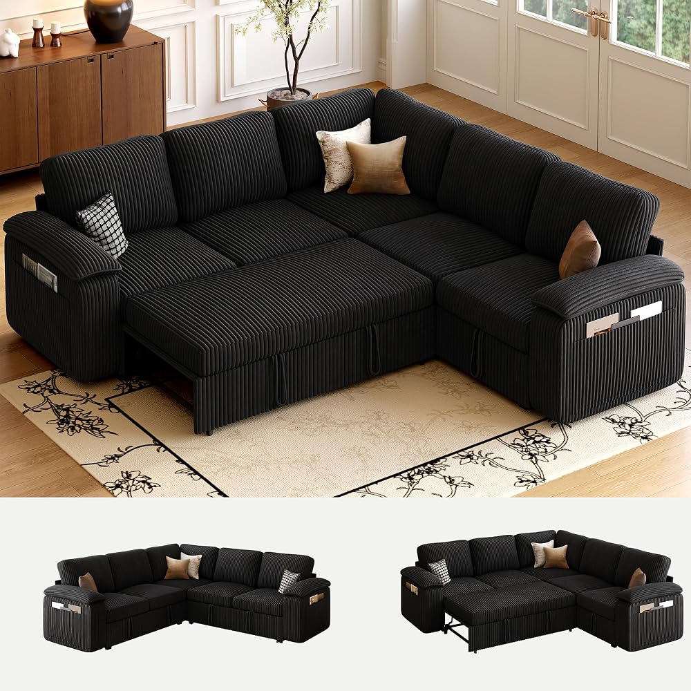 LARMACE Modular Sectional Sleeper Sofa with Pull-Out Bed, Corduroy L Shaped Sectional Couch 5 Seater Sofa with Storage, Convertible Sleeper Sofa Bed for Living Room, Black